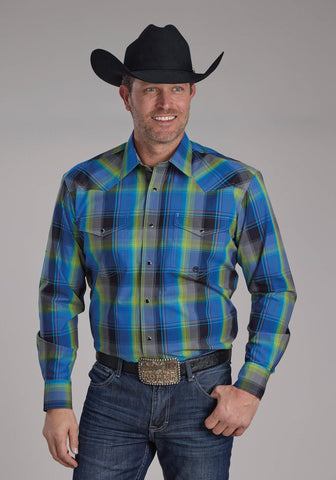 Roper Mens 2247 Cobalt Plaid Blue/Green 100% Cotton L/S Shirt