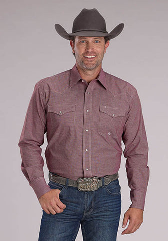 Roper Mens 2510 Stretch Mini Check Wine Cotton Blend L/S Shirt