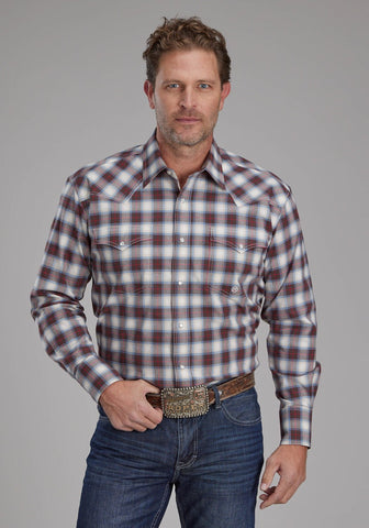 Roper Mens 2164 Stretch Plaid Brown Cotton Blend L/S Shirt