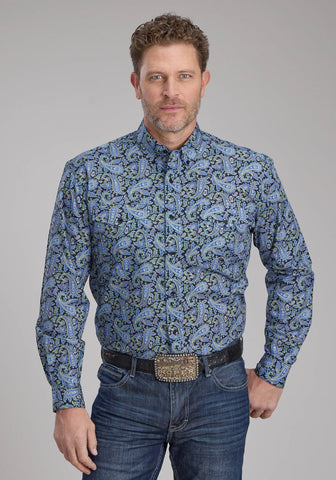 Roper Mens 2239 Cobalt Paisley Blue 100% Cotton Btn L/S Shirt
