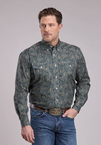 Roper Mens Forest Paisley Green 100% Cotton Btn L/S Shirt