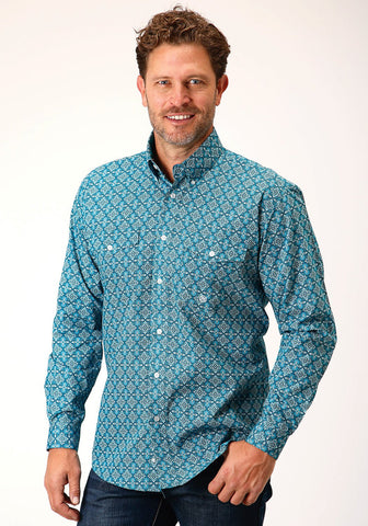Roper Mens Turquoise 100% Cotton Victorian Foulard BD L/S Btn Shirt