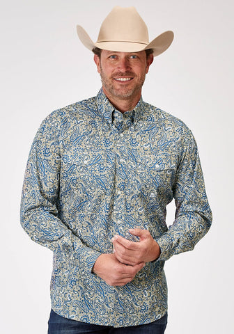 Roper Mens 1933 Delft Paisley Blue 100% Cotton Btn L/S Shirt