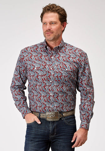 Roper Mens 1935 River Paisley Red 100% Cotton Btn L/S Shirt