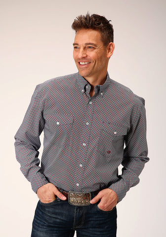 Roper Mens Classic Geo Blue 100% Cotton L/S Shirt