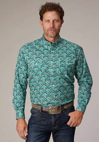 Roper Mens 2018 Jade Paisley Green 100% Cotton Btn L/S Shirt