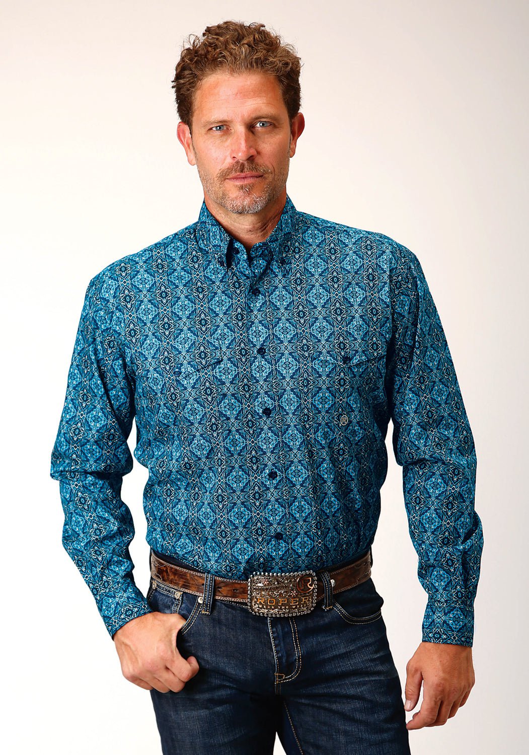 Roper Mens Gothic Medallion Blue 100% Cotton L/S Shirt – The Western ...