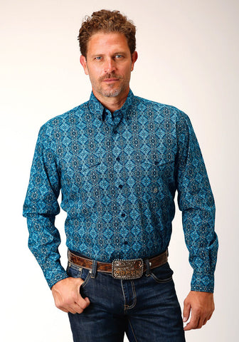 Roper Mens Gothic Medallion Blue 100% Cotton L/S Shirt
