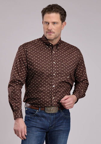 Roper Mens Stretch Poplin Paisley Brown Cotton Blend 1 Pkt L/S Shirt