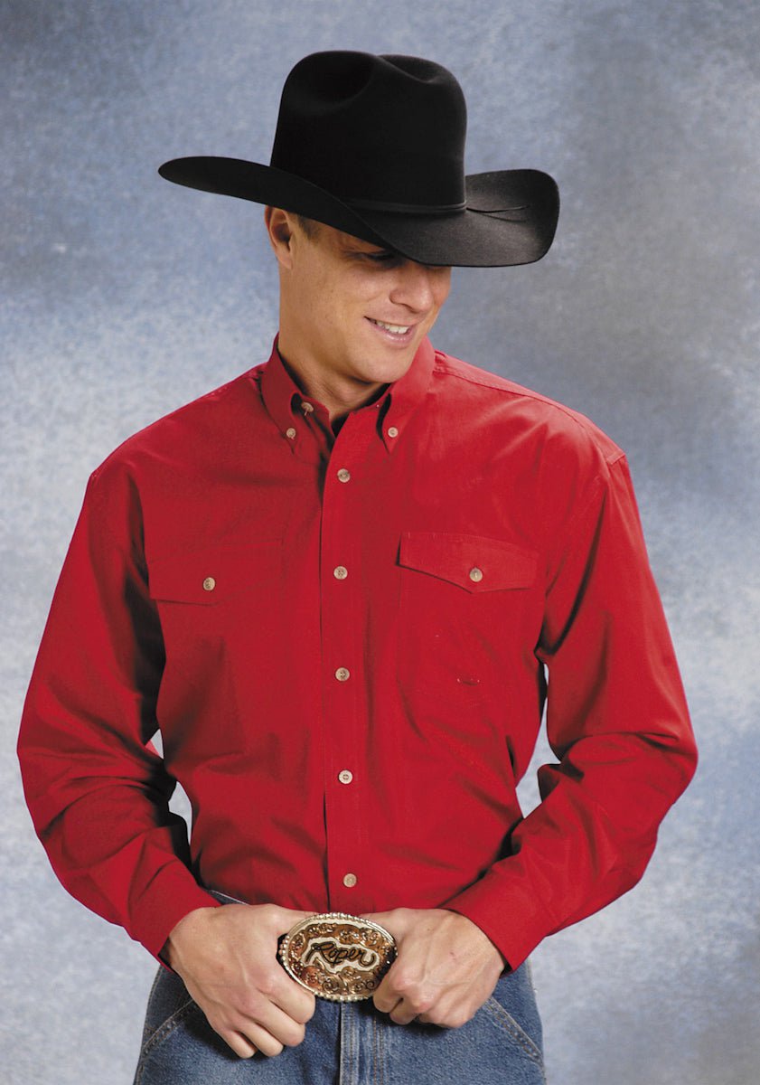 Roper Mens Red 100% Cotton L/S Button Down Solid Poplin Western