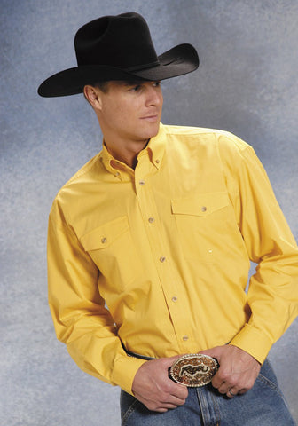 Roper Mens Yellow 100% Cotton L/S Button Down Solid Poplin Western Shirt