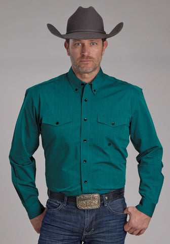 Roper Mens 2249 Black Fill Teal 100% Cotton Btn L/S Shirt