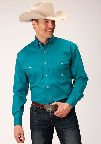 Roper Mens Turquoise Cotton Blend Poplin Stretch BD L/S Btn Shirt XL