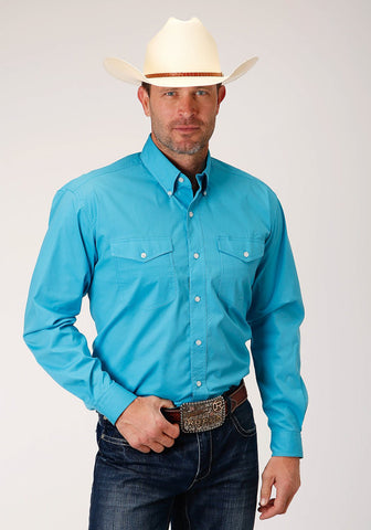 Roper Mens Turquoise Cotton Blend Stretch Poplin BD L/S Btn Shirt M