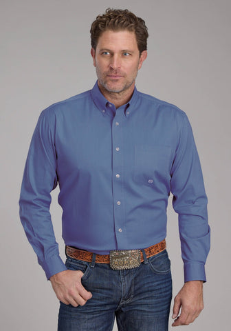 Roper Mens 2388 Solid Poplin Periwinkle Cotton Blend 1 Pkt L/S Shirt