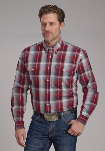 Roper Mens 2248 Plaid Wine/Smoke 100% Cotton Btn L/S Shirt