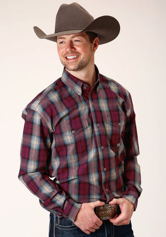 Roper Mens Wine 100% Cotton Plaid BD L/S Button Shirt