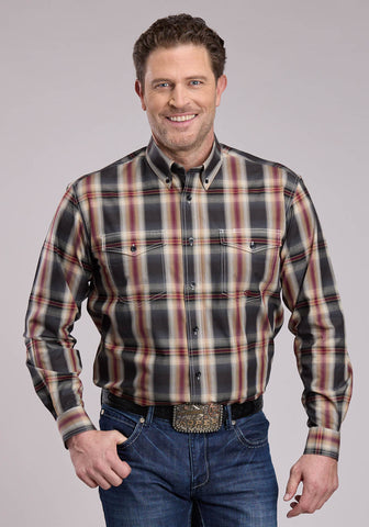 Roper Mens Ombre Plaid Black 100% Cotton Button L/S Shirt