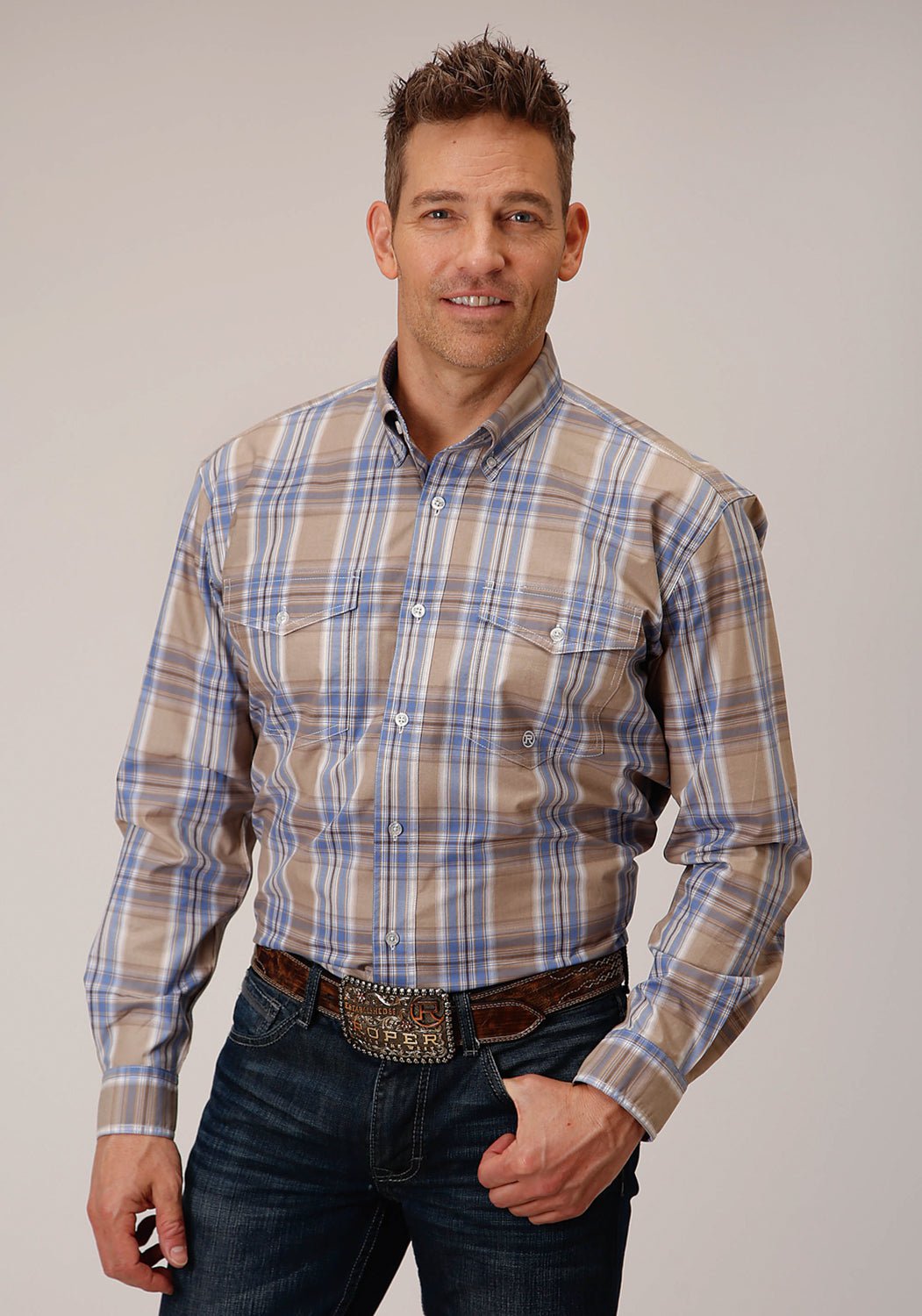 Roper Mens Sandy Plaid Tan 100% Cotton L/S Shirt – The Western Company