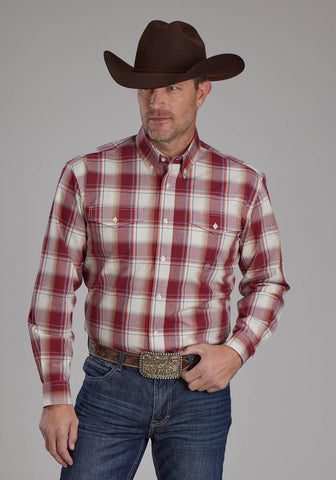 Roper Mens 57 Chevy Plaid Red 100% Cotton Btn L/S Shirt
