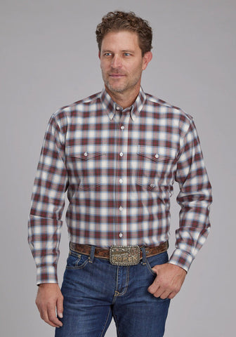 Roper Mens 2164 Stretch Plaid Brown Cotton Blend Btn L/S Shirt