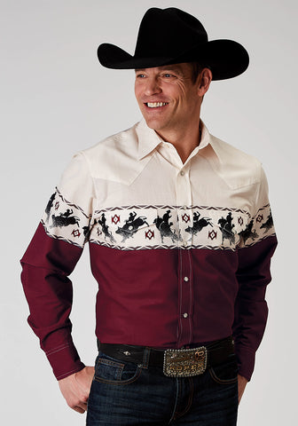Roper Mens 1905 Bull Aztec Border Red 100% Cotton L/S Shirt