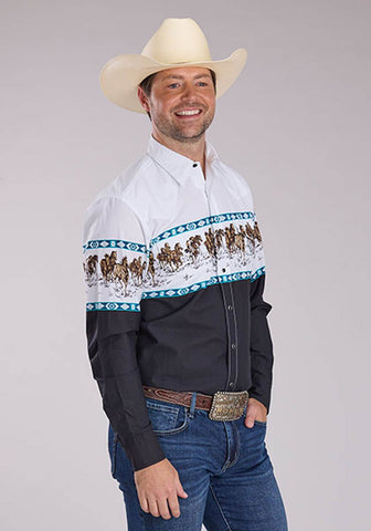 Roper Mens Running Horse Border Black 100% Cotton L/S Shirt