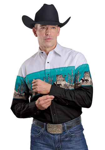 Roper Mens 2625 Scenic Border Black/White 100% Cotton L/S Shirt