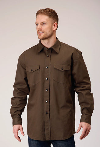 Roper Mens Brush Twill Olive 100% Cotton L/S Shirt