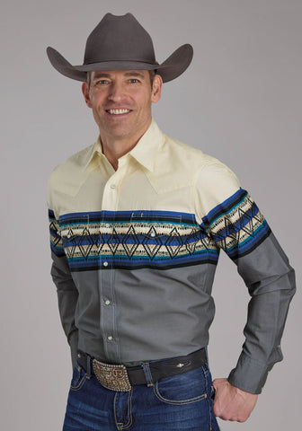 Roper Mens Retro Diamond Border Blue 100% Cotton L/S Shirt
