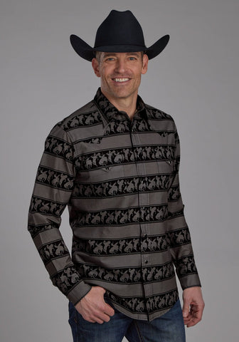 Roper Mens Horizontal Rodeo Stripe Black 100% Cotton L/S Shirt