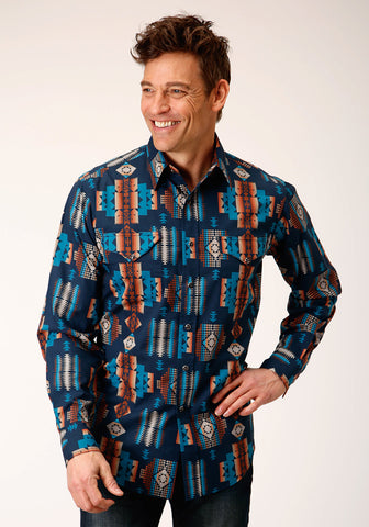 Roper Mens Aztec Stripe Blue 100% Cotton L/S Shirt