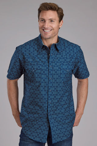 Roper Mens 2350 Diamond Print Blue 100% Cotton S/S Shirt