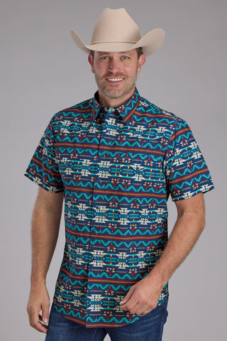 Roper Mens Horizontal Navajo Aztec Blue/Red 100% Cotton S/S Shirt