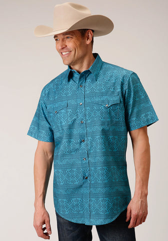 Roper Mens 1481 Texture Aztec Blue 100% Cotton S/S Shirt