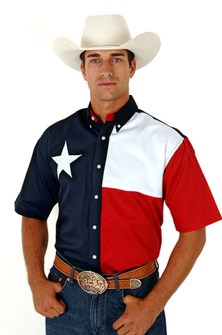Roper Mens Texas Star Flag Navy/White 100% Cotton Btn S/S Shirt