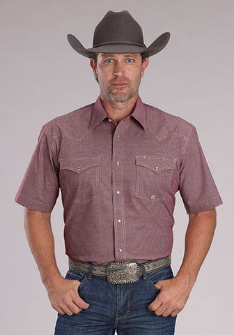Roper Mens 2510 Stretch Mini Check Wine Cotton Blend S/S Shirt