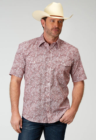 Roper Mens Paisley Poplin Red Cotton Blend S/S Shirt