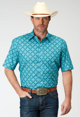 Roper Mens Lake Medallion Blue 100% Cotton S/S Shirt
