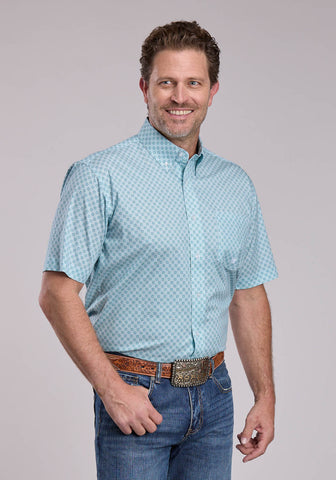 Roper Mens Four Point Foulard Teal Cotton Blend 1 Pkt S/S Shirt