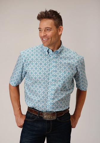Roper Mens Turquoise Medallion Blue 100% Cotton S/S Shirt