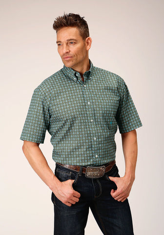 Roper Mens Olive Foulard Green 100% Cotton S/S Shirt