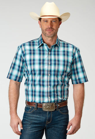Roper Mens Cool Breeze Plaid Blue 100% Cotton S/S Shirt