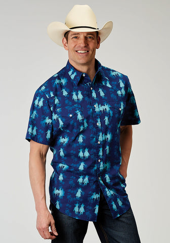 Roper Mens 1907 Hawaiian Ombre Blue 100% Cotton S/S Shirt