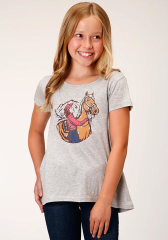 Roper Kids Girls 1617 Horse and Rider Grey Poly/Cotton S/S T-Shirt