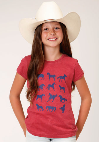 Roper Kids Girls Navy Horses Red Poly/Cotton S/S T-Shirt