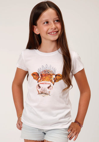 Roper Kids Girls Cow Crown White Poly/Rayon S/S T-Shirt