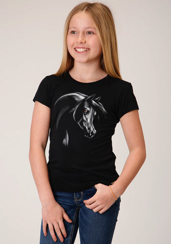 Roper Kids Girls 1532 Horse Black Poly/Cotton S/S T-Shirt