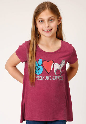 Roper Kids Girls Peace Love Happiness Wine Poly/Cotton S/S T-Shirt
