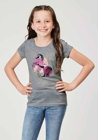 Roper Kids Girls Purple Mustang Grey Poly/Cotton S/S T-Shirt